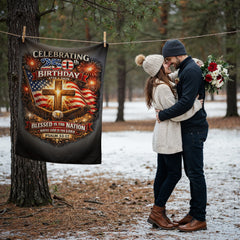 USA 250th Birthday Christian Patriotic Coral Fleece  Blanket – Psalm 33:12 Faith & Freedom Cross Flag