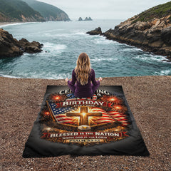 USA 250th Birthday Christian Patriotic Coral Fleece  Blanket – Psalm 33:12 Faith & Freedom Cross Flag