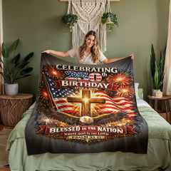 USA 250th Birthday Christian Patriotic Coral Fleece  Blanket – Psalm 33:12 Faith & Freedom Cross Flag