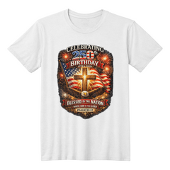 FRONT PRINT USA 250th Birthday Christian Patriotic T-Shirt – Psalm 33:12 Faith & Freedom Cross Flag Tee (printed on front)