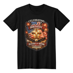 FRONT PRINT USA 250th Birthday Christian Patriotic T-Shirt – Psalm 33:12 Faith & Freedom Cross Flag Tee (printed on front)