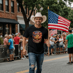 FRONT PRINT USA 250th Birthday Christian Patriotic T-Shirt – Psalm 33:12 Faith & Freedom Cross Flag Tee (printed on front)