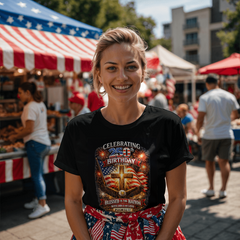 FRONT PRINT USA 250th Birthday Christian Patriotic T-Shirt – Psalm 33:12 Faith & Freedom Cross Flag Tee (printed on front)