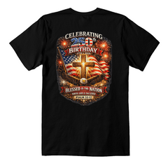 BACK PRINT USA 250th Birthday Christian Patriotic T-Shirt – Psalm 33:12 Faith & Freedom Cross Flag Tee (printed on back)