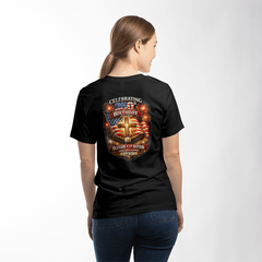 BACK PRINT USA 250th Birthday Christian Patriotic T-Shirt – Psalm 33:12 Faith & Freedom Cross Flag Tee (printed on back)