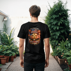 BACK PRINT USA 250th Birthday Christian Patriotic T-Shirt – Psalm 33:12 Faith & Freedom Cross Flag Tee (printed on back)