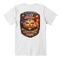 BACK PRINT USA 250th Birthday Christian Patriotic T-Shirt – Psalm 33:12 Faith & Freedom Cross Flag Tee (printed on back)